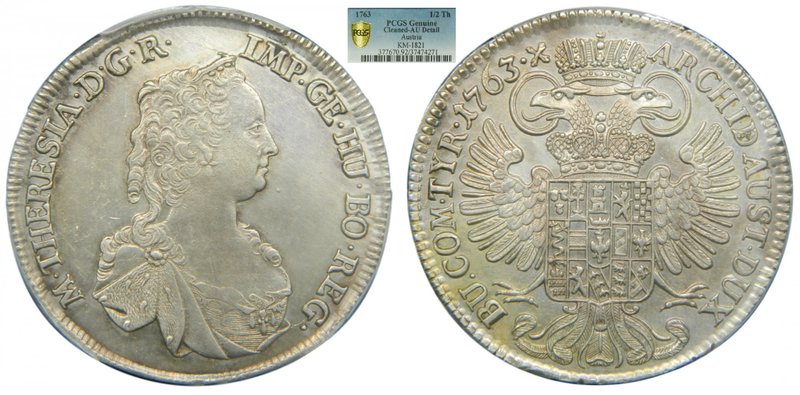 Austria. 1/2 Thaler. 1763. Maria Teresa. (km#1821). PCGS Genuine Cleaned AU Deta...