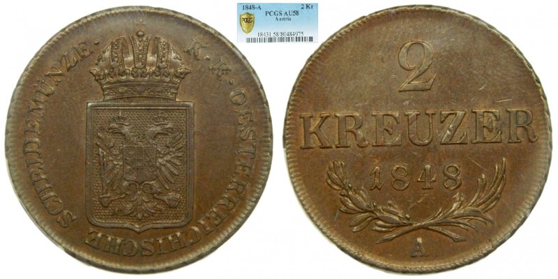 Austria. 2 Kreuzer. 1848 A. Viena. Franz Joseph I. (km#2188). PCGS AU58. 
Grado...