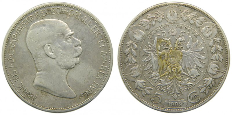 Austria. 5 Coronas. 1909. Franz Joseph I. FRANCISCO JOSÉ I. Ag 24,03 Gr. Manchit...
