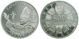 Austria. 500 Schilling. 1983. AR. Visita Papal. Día del Católico. 24 gr Ag 925mls. (km#2963).
Grado: proof