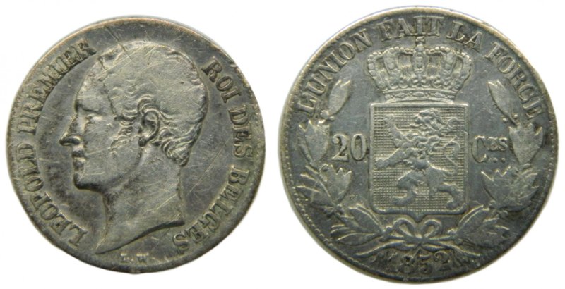 Bélgica. 20 centimes. 1852. Belgium (Kingdom) - Leopold I. (km#19). 15 mm 
Grad...