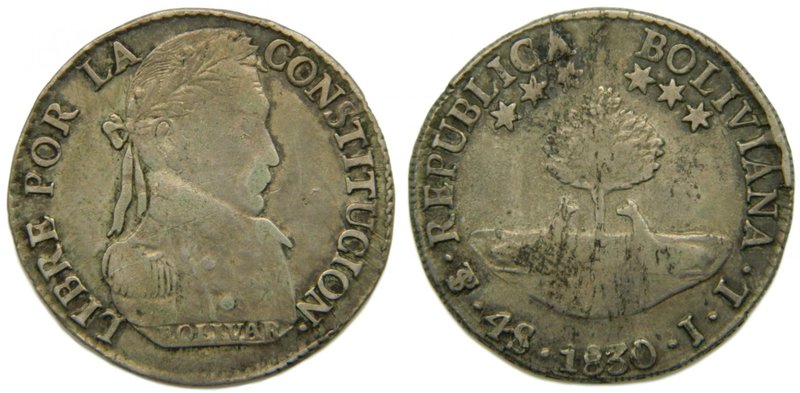 Bolivia. 4 Soles. 1830 PTS JL. Potosí. (km#96a). 13,32 gr Ag.
Grado: mbc
