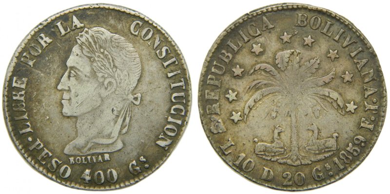 Bolivia. 8 Soles. 1859 PTS FJ. Potosí. (km#138.3). 19,86 gr Ag. 
Grado: bc+