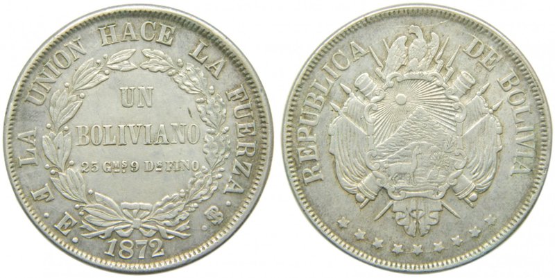 Bolivia. Boliviano. 1872 PTS FE. Potosí. (km155.4). 24,74 gr Ag.
Grado: mbc