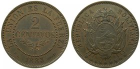 Bolivia. 2 Centavos. 1883 ESSAI. Copper. (km#168). Rare.
Grado: sc