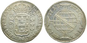 Brasil. 960 Reis. 1814 B. Bahia. Joao. (km#307.1). 26,71 gr Ag. Acuñada sobra una pieza de 8 reales. (1798).
Grado: mbc