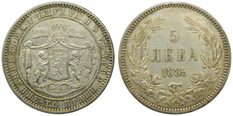 Bulgaria. 5 Leva. 1885. (km#7). Alexander I. 24,90 gr Ag.
Grado: bc