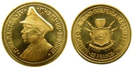Burundi. (1962-66). 25 francs. Kingdom Mwambutsa IV (1962-66). 1962. Burundi Independence. (Km#3). Gold 8,03 gr Au.
Grado: sc