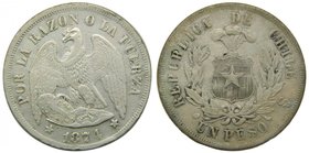 Chile. 1 Peso. 1874. Santiago. (km#142.1). Republica de Chile. 24,78 gr Ag.
Grado: bc
