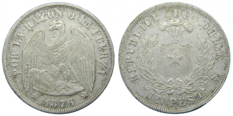Chile. 1 Peso. 1876. Santiago. (km#142.1). Republica de Chile. 24,83 gr Ag.
Gra...