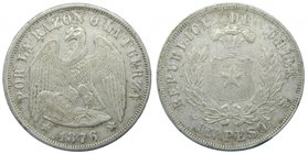 Chile. 1 Peso. 1876. Santiago. (km#142.1). Republica de Chile. 24,83 gr Ag.
Grado: bc