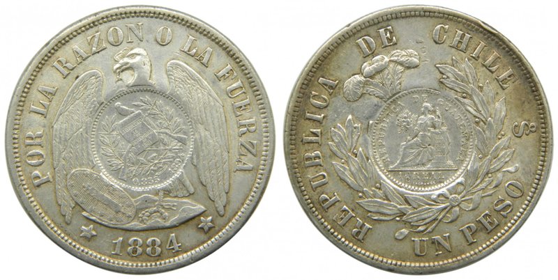 Chile. 1 Peso. 1884. So. Santiago. (km#142.1). Republica de Chile. 24,85 gr Ag. ...