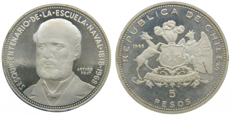 Chile. 5 Pesos. 1968. Chile - Republic - 150th Ann. Naval Academy. (km#182). Obv...