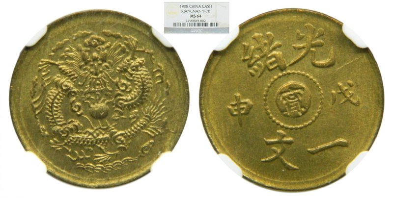 China. 1 Cash, 1908, Kiangnan Province,(Y#7k) , NGC MS64, 江南戊申一文，黄铜
Grado: MS64...