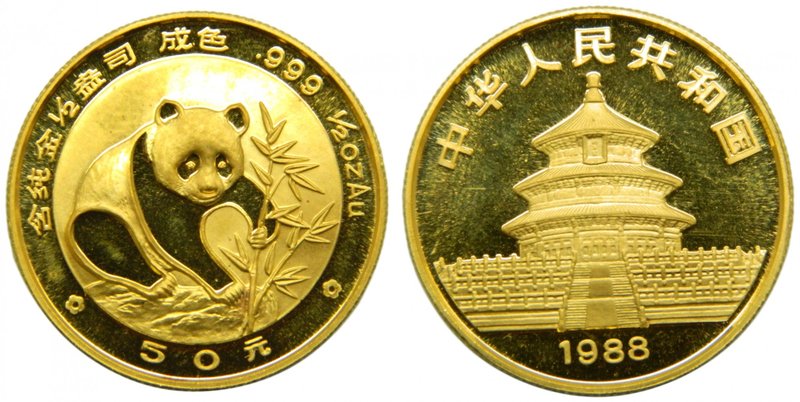 China. 50 Yuan. 1988. Proof. (km#186). 15,55 gr Au. 1/2 oz. Panda. China People´...