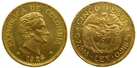 Colombia. 5 pesos. 1925. Medellín. (km-204). (Fr-115). Au 7,96 gr.
Grado: SC-