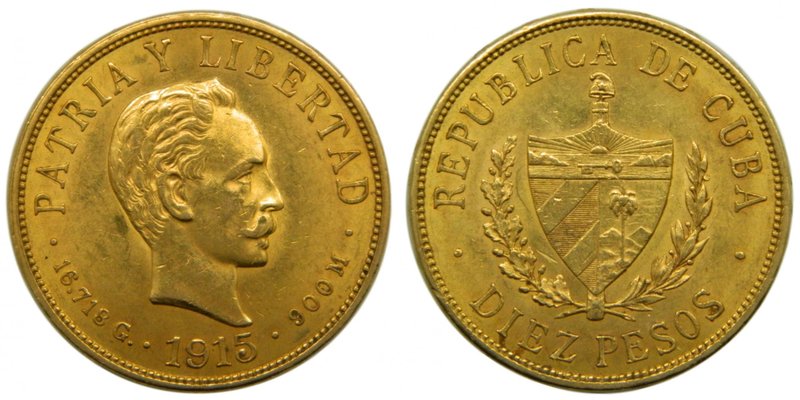 Cuba. 10 pesos. 1915. (km#20). 16,74 gr Au. Marquitas.
Grado: mbc