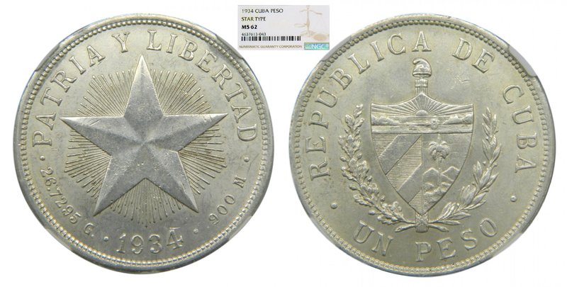 Cuba. Peso 1934. (km#15,2). Star Type. NGC MS62.
Grado: MS62