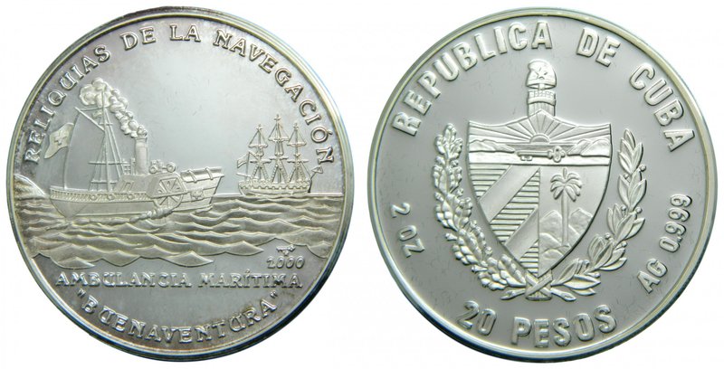 Cuba. 20 Pesos. 2000. 62,29 gr. ag. Reliquias de la Navegación: Ambulancia Marít...