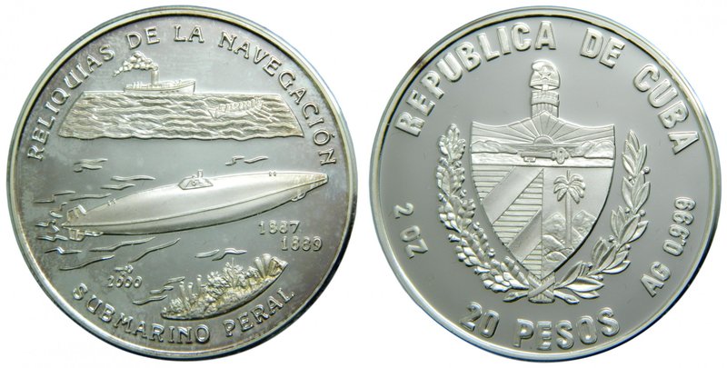 Cuba. 20 Pesos. 2000. 62,2 gr. ag. Reliquias de la Navegación: Submarino Peral (...