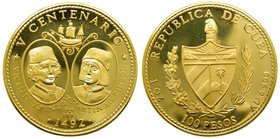 Cuba. 100 pesos. 1991. (km#450). 31.1 gr Au 999. Pinzon Brothers. Centenario. 1 oz gold. Mintage only 200. 
Grado: proof