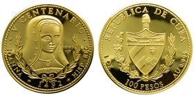 Cuba. 100 pesos. 1991. (km#451). 31.1 gr Au 999. Quenn Joanna. Centenario. 1 oz gold. Mintage only 200. 
Grado: proof