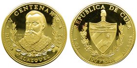 Cuba. 100 pesos. 1991. (km#452). 31.1 gr Au 999. 500 Th anniversary of the New World. Diego Velazquez. Centenario. 1 oz gold. Mintage only 200. 
Grad...