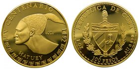 Cuba. 100 pesos. 1991. (km#569). 31.1 gr Au 999. Hatuey people. Centenario. 1 oz gold. Mintage only 200. 
Grado: proof