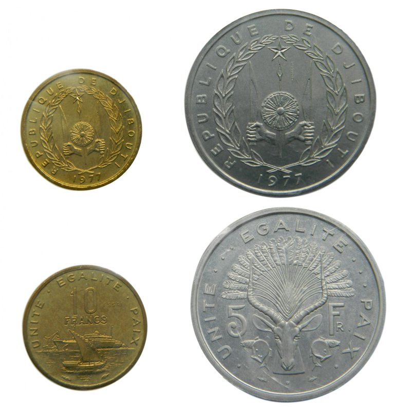 Djibouti. Pareja de monedas. ESSAI. 5 Francs. 1977. EE3. (km#22). 10 francs. 197...