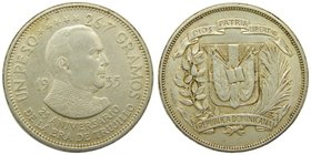 Republica Dominica. Peso. 1955. (km#23). 25 Th Anniservary of trujillo regime. Dominican Republic. 26,79 gr Ag. 
Grado: mbc