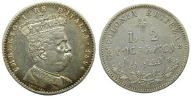 Eritrea. 2 lire. 1896 R. Italian Colony. Umberto I. (1878-1890). AR 2 Liras. (km#3). 9,99 gr.
Grado: mbc