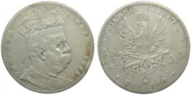 Eritrea. 5 Lire - Tallero. 1891. Italian Colony. (km#4). 27,81 Gr Ag. Umberto I. Golpecito en canto.
Grado: mbc