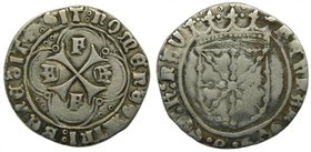 FERNANDO II. Pamplona. 1 Real. (1479-1516). SF. Escudo de Navarra sin enmarcar. (cal.112) Con F en 2º y 3º cuartel. 2,67 gr Ag. RARA.
Grado: mbc