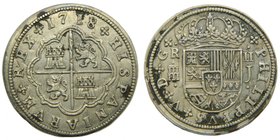 FELIPE V. 2 Reales. 1718 J. Segovia. (Cal.1392). 5,72 gr Ag. Muy bonita. marquitas y grieta.
Grado: ebc-