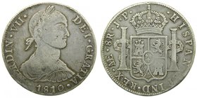 FERNANDO VII. 8 Reales. 1810 JP. Lima. (cal.475). 26,96 gr Ag.
Grado: bc