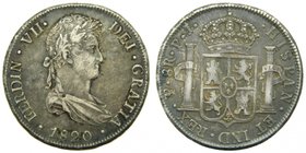 FERNANDO VII. 8 reales. 1820 PJ. Potosí. (cal.609). 26,85 gr Ag. Pátina oscura.
Grado: mbc+