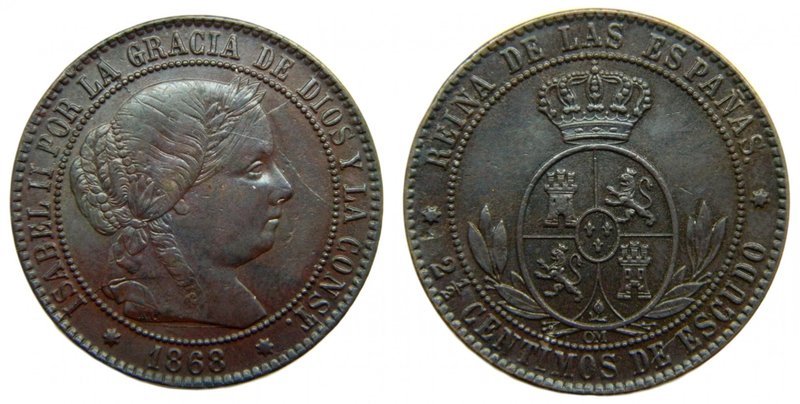 ISABEL II (1833-1868). 2 1/2 céntimo de escudo. 1868 OM. Sevilla. (cal.650).
Gr...