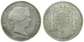 ISABEL II (1833-1868). 20 reales. 1856. Madrid. (Cal.178). 25,97 gr Ag.
Grado: mbc+