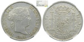 ISABEL II (1833-1868). 20 reales. 1858. Sevilla. (Cal.196). NGC MS61. (km#609.3). 
Grado: MS61