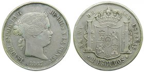 ISABEL II (1833-1868). 2 Escudos. 1867. Madrid. (Cal.204). 26 gr Ag. 
Grado: mbc