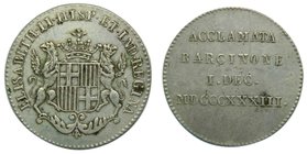 ISABEL II (1833-1868). Medalla de Proclamación. Módulo 1 real. 1833. Barcelona. (Cru.Medalles 252). 3,59 g.
Grado: mbc