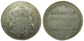 ISABEL II (1833-1868). Medalla de Proclamación. Módulo 2 Reales. 1833. Barcelona. Ag 5,86 gr. (Ha. 5). (V. 738). (V.Q. 13354). (Cru.Medalles 251).
Gr...