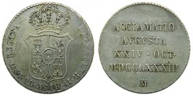 ISABEL II (1833-1868). Medalla de Proclamación. Módulo 2 Reales. 1833. Madrid. Ag 5,85 gr. (Ha. 21). (V. 749). (V.Q. 13370).
Grado: mbc