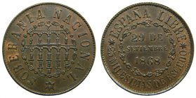 GOBIERNO PROVISIONAL (1868-1871). 25 Milésimas de Escudo. 1868. Segovia. (Cal. 23). ANV. SOBERANIA NACIONAL.
Grado: ebc+