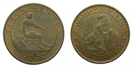 GOBIERNO PROVISIONAL. 5 céntimos. 1870. OM. Barcelona. (cal.25).
Grado: ebc