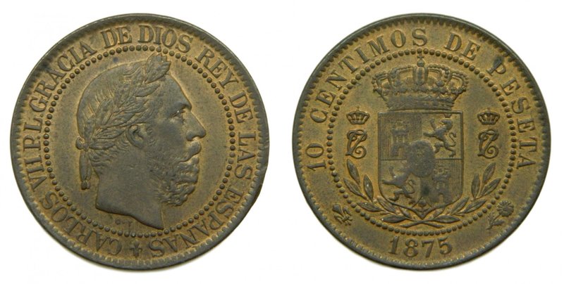 CARLOS VII (Pretendiente). 10 céntimos.1875 Ceca de Bruselas. (cal.8). Cobre. Ca...