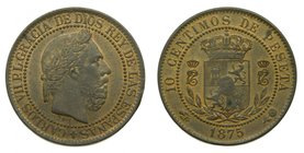 CARLOS VII (Pretendiente). 10 céntimos.1875 Ceca de Bruselas. (cal.8). Cobre. Canto liso. 
Grado: ebc+