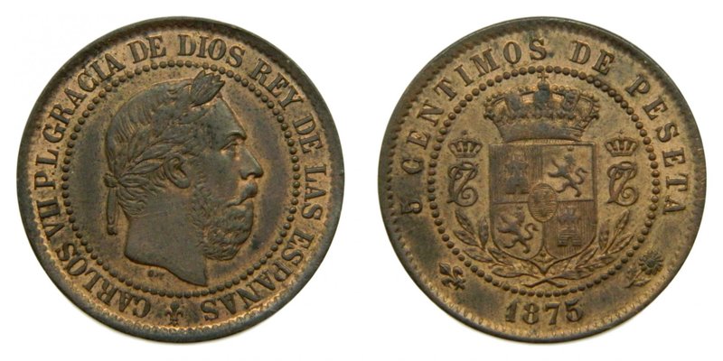 CARLOS VII (Pretendiente). 5 céntimos. 1875 Ceca de Bruselas. (cal.10). Cobre. C...
