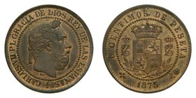 CARLOS VII (Pretendiente). 5 céntimos. 1875 Ceca de Bruselas. (cal.10). Cobre. Canto liso. Brillo original.
Grado: ebc+