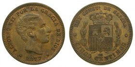 ALFONSO XII. 5 céntimos. 1877. OM. Barcelona. (cal.71).
Grado: ebc+/sc-